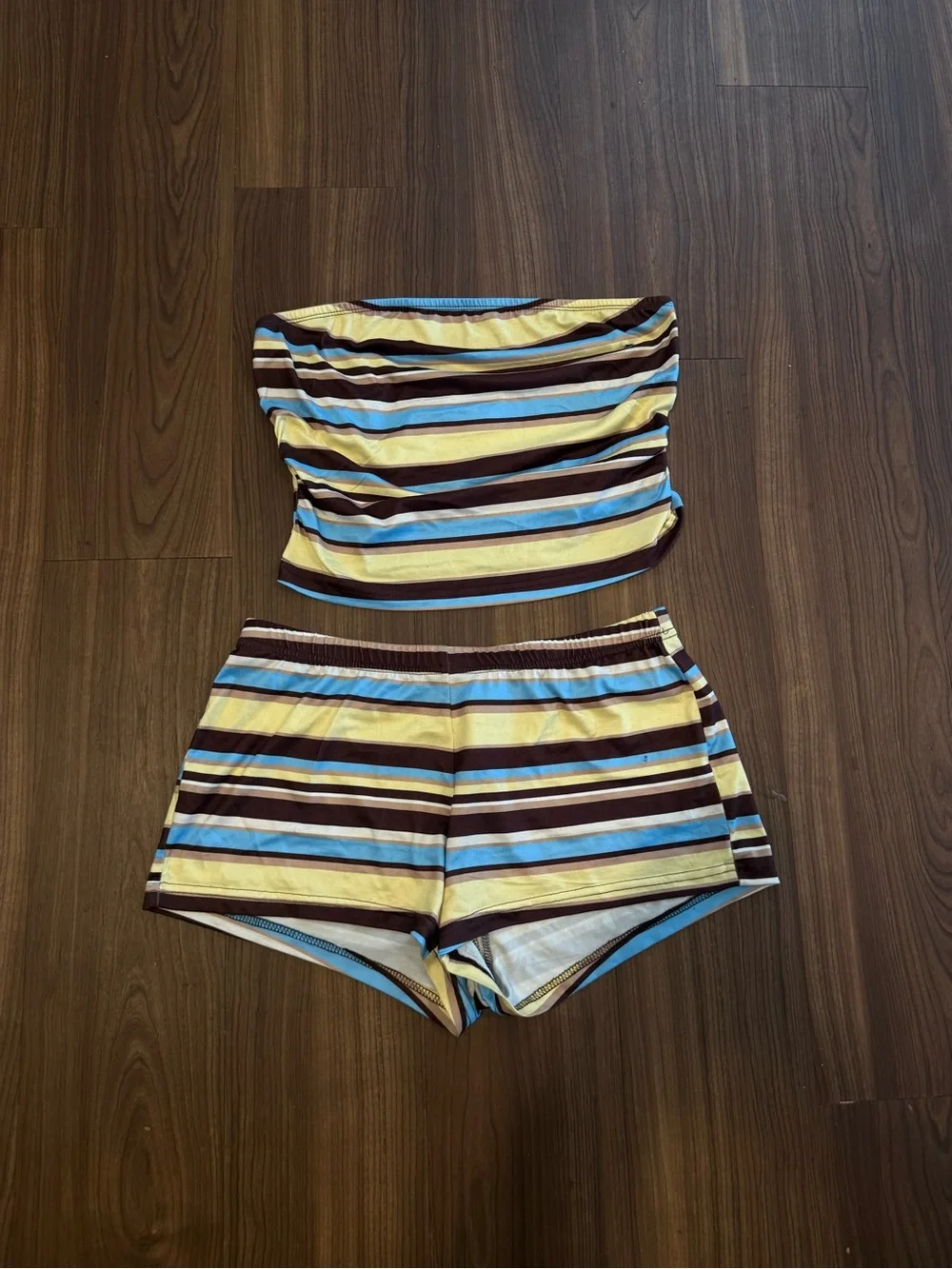 Striped Tube Top & Shorts Set - Yellow Blue Brown